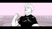 a black and white drawing of a man in a black shirt with his fist in the air .