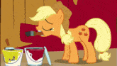 a cartoon pony is painting a wall with a brush and buckets of paint
