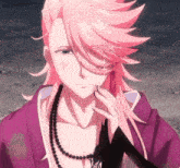 a girl with pink hair is wearing a purple jacket