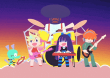 a group of cartoon characters playing musical instruments including a girl playing a keyboard and a boy playing a guitar