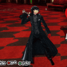 a man in a black coat is standing on a red checkered floor in a game