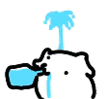 a white bear is drinking water from a bottle .