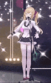 a 3d anime girl is singing into a microphone on a stage .