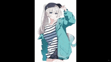 a girl with white hair is wearing a blue jacket and striped shirt