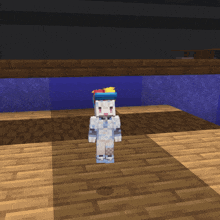 a minecraft character is standing on a wooden floor in a dark room