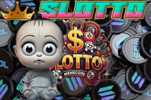 a baby is sitting in front of a pile of coins with the words lotto memecoin on it