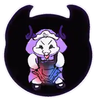 a cartoon character with horns and a purple hat