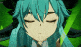 a close up of a girl with blue hair