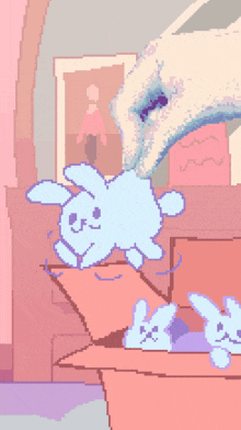 a pixel art drawing of a rabbit coming out of a cardboard box