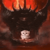 a small white cat is sitting in front of a demon .