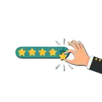 a hand is holding a yellow star in front of a five star rating bar .