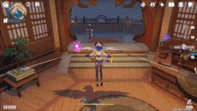 a video game character is flying through the air in a room with a sword .