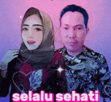 a man and a woman are standing next to each other with the words selalu sehati written on the bottom