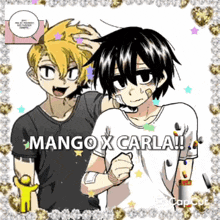 a couple of anime characters standing next to each other with the words mango x carla written on the bottom