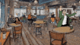 a cartoon of people sitting at tables in a restaurant with a man jumping in the air