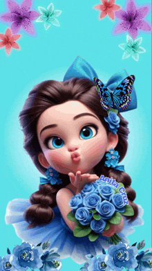 a cartoon girl blowing a kiss while holding a bouquet of blue roses and a butterfly