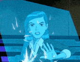 a cartoon character with blue hair is standing in front of a screen .