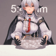 a girl is holding a bowl of ice in front of a sign that says 5 : 4m