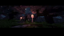 a minecraft scene of a cemetery at night