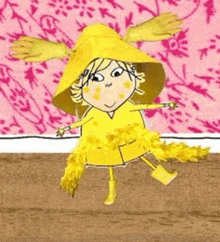 a drawing of a little girl wearing a yellow raincoat and hat .