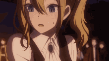 a close up of a girl with blonde hair