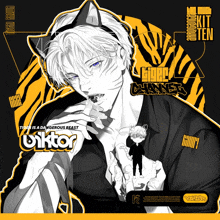 a black and white drawing of a man with a cat ear headband and the name viktor