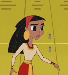 a cartoon character is standing in front of yellow lockers and pointing at something