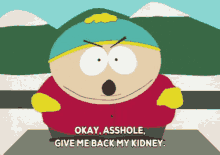 a cartoon character from south park says " okay asshole give me back my kidney "