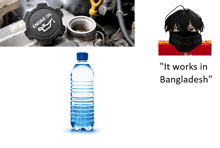 a picture of an engine oil cap a bottle of water and a picture of a person with a mask on