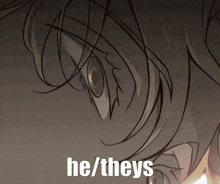 a close up of a person 's face with the words he / theys written on the bottom