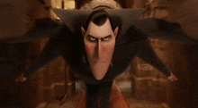 a cartoon vampire is flying through the air with his wings spread .