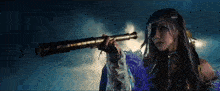 a woman is looking through a telescope at something in the sky