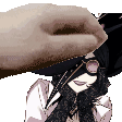 a pixel art of a woman wearing a hat and goggles being touched by a hand .