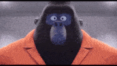 a cartoon gorilla wearing an orange jacket and black turtleneck