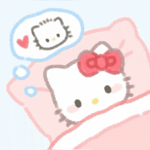 a drawing of hello kitty laying on a bed with a pink pillow