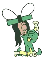 a cartoon of a person holding a pipe with a green bow on their head