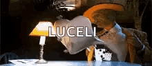 a lamp with the word luceli on it is on a table .