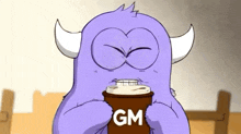 a purple monster with horns is drinking a cup of coffee .