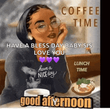 a woman wearing glasses is sitting at a table with a cup of coffee and a plate of food .