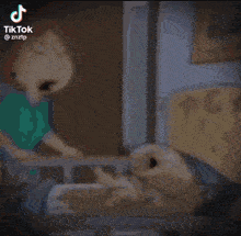 a cartoon character is standing next to a cartoon character in a bed .