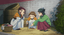 a group of anime characters are gathered in front of a wall