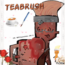 a cartoon drawing of a teabrush with a cup of tea and a brush in the background