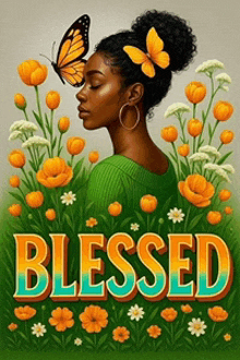 an illustration of a woman with a butterfly on her head and the word blessed