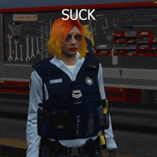 a woman in a police uniform with the words suck that drug test citizen