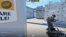 a video game screen shows a man holding a grenade in front of a sign that says ' are le '