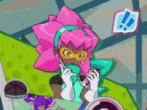 a cartoon character with a pink flower on her head talking on a cell phone