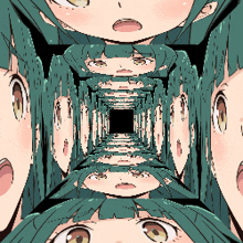 a cartoon drawing of a girl with green hair looking down a tunnel