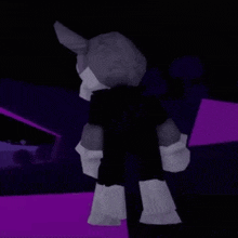 a cartoon character is standing in front of a purple background in a dark room .