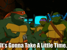 a cartoon of teenage mutant ninja turtles says it 's gonna take a little
