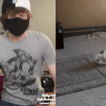 a man wearing a mask and a sonic t-shirt